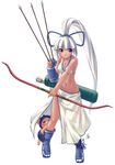  blue_eyes bow_(weapon) champuru dark_skin long_hair majikina_mina mizuki_gyokuran ponytail samurai_spirits snk solo tabi weapon white_hair 