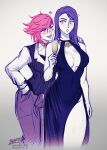  2girls arcane:_league_of_legends arcane_caitlyn arcane_vi blush breasts caitlyn_(league_of_legends) champagne_flute cup dress drinking_glass facial_tattoo hand_in_pocket hand_on_another&#039;s_shoulder highres iahfy league_of_legends limited_palette multiple_girls pink_hair purple_hair side_slit smile suit tattoo thighs vi_(league_of_legends) yuri 