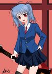  amicis blue_hair guitar instrument original red_eyes solo thighhighs 