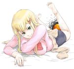  artist_request barefoot bed_sheet blonde_hair blue_skirt clothes_around_waist dorsiflexion feet feet_up full_body green_eyes gundam gundam_00 hair_ornament hairclip haro head_tilt long_sleeves looking_at_viewer louise_halevy lying on_stomach plantar_flexion simple_background skirt soles solo sweater the_pose toe_scrunch white_background 