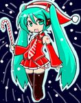  aqua_hair artist_request candy candy_cane chibi christmas food hat hatsune_miku holding holding_candy_cane long_hair lowres necktie santa_costume santa_hat solo thighhighs twintails very_long_hair vocaloid 