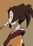  artist_request brown_background brown_hair dango eating food fuu japanese_clothes ponytail profile samurai_champloo simple_background solo upper_body wagashi 