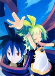  1girl ash_(phantom_brave) blue_hair bracelet closed_eyes dress green_hair harada_takehito jewelry marona_(phantom_brave) open_mouth outstretched_arm phantom_brave scarf 