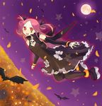  bad_id bad_pixiv_id bat bat_wings black_legwear dress full_moon halloween inase moon original pink_hair red_eyes ribbon solo thighhighs wings 