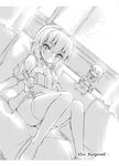  aida_takanobu alice_margatroid bare_shoulders book bra couch doll dutch_angle greyscale lingerie monochrome off_shoulder open_clothes open_shirt petite shanghai_doll shirt solo thighhighs touhou underwear undressing 