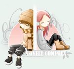  1girl ankle_boots artist_request back-to-back beanie belt boots brown_footwear brown_hair closed_eyes full_body grey_background hat knees_up koizumi_risa long_sleeves lovely_complex ootani_atsushi pants pantyhose pink_hair scarf short_hair simple_background sleeping sleeping_upright 