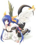  all_fours artist_request asymmetrical_wings bent_over blue_hair boots bow breasts cleavage dizzy guilty_gear hair_bow large_breasts long_hair ribbon simple_background solo tail tail_ribbon thighhighs twintails very_long_hair white_background wings 