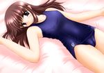  bed blue_eyes blush breasts brown_hair cameltoe copyright_request covered_nipples kisaragi_mic long_hair medium_breasts one-piece_swimsuit school_swimsuit solo swimsuit 