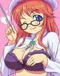  aty_(summon_night) beret blue_eyes blush bra breasts cape cleavage glasses hat heart huge_breasts kasanui lingerie lipstick long_hair lowres makeup oekaki one_eye_closed red_hair smile solo summon_night summon_night_3 underwear 