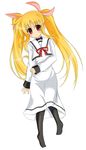  black_legwear blonde_hair capelet dress fate_testarossa full_body long_hair long_sleeves looking_at_viewer lyrical_nanoha mahou_shoujo_lyrical_nanoha mahou_shoujo_lyrical_nanoha_a's pantyhose red_eyes red_ribbon ribbon school_uniform seishou_elementary_school_uniform simple_background solo standing sw twintails uniform white_background white_dress 