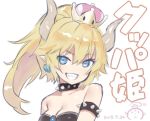  1girl :d black_leotard blonde_hair blue_eyes bowsette bracelet breasts capriccio character_name cleavage collar commentary_request crown dated eyebrows_visible_through_hair grin horns jewelry leotard looking_at_viewer mario_(series) new_super_mario_bros._u_deluxe nintendo open_mouth ponytail simple_background smile solo spiked_bracelet spiked_collar spikes super_crown upper_body white_background 