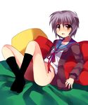  bangs blush bottomless kita_high_school_uniform kneehighs nagato_yuki no_panties school_uniform serafuku short_hair socks solo subaru_(yachika) suzumiya_haruhi_no_yuuutsu 