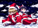  blonde_hair breath christmas hakurei_reimu holding_hands kirisame_marisa miyamoto_ryuuichi multiple_girls santa_costume snow snowing touhou yuri 