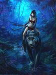  animal barefoot black_hair black_panther blue bodypaint breasts cleavage copyright_request forest highres jason_chan jungle leg_warmers loincloth medium_breasts midriff nature night panther polearm riding solo spear tree water weapon wet 