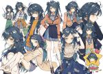  1girl :o ;o alternate_costume alternate_hairstyle antenna_hair aqua_skirt arimura_mao arimura_mao_(cosplay) averting_eyes bare_legs blazer blue_overskirt blue_ribbon blue_skirt blush braid brown_cardigan brown_jacket cardigan cardigan_around_waist chain chain_bracelet chibi clothes_around_waist collage cosplay denim denim_shorts double_bun floral_print fujita_kotone fujita_kotone_(cosplay) gakuen_idolmaster green_hair gyaru hair_bun hair_flaps half_up_braid hanami_saki hanami_saki_(cosplay) hanami_ume hanami_ume_(cosplay) hatsuboshi_gakuen_school_uniform highres himesaki_rinami himesaki_rinami_(cosplay) holding holding_pointer idolmaster jacket jitome katsuragi_lilja katsuragi_lilja_(cosplay) knees_up kogal kuramoto_china kuramoto_china_(cosplay) kurodeko long_hair looking_at_viewer multicolored_clothes multicolored_jacket multiple_views neck_ribbon neo_asari neo_asari_(cosplay) o3o one_eye_closed pleated_skirt pointer profile ribbon salute school_uniform shinosawa_hiro shinosawa_hiro_(cosplay) shirt shiun_sumika shiun_sumika_(cosplay) shorts sideways_glance simple_background single_hair_bun skirt smile socks straight_hair striped_clothes striped_shirt sweatdrop swept_bangs thighhighs tsukimura_temari twin_braids two_side_up very_long_hair watch white_background white_shirt white_socks white_thighhighs wristwatch 