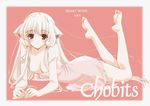  areolae bare_shoulders barefoot blush breasts brown_eyes chii chobits dress feet hands long_hair lying medium_breasts no_bra on_stomach robot_ears soles solo strap_slip suzuhira_hiro toes very_long_hair white_hair 