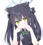  1girl absurdres animal_ear_fluff animal_ears black_dress black_hair blue_archive blush bow closed_mouth commentary_request dress green_bow green_eyes halo highres kujou_danbo long_hair looking_at_viewer short_sleeves shun_(blue_archive) shun_(small)_(blue_archive) simple_background smile solo twintails upper_body white_background 