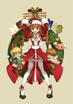  &gt;_&lt; 2girls :d angel_wings blonde_hair brown_hair christmas christmas_wreath closed_eyes cross frilled_legwear gift greek_cross hat high_priest holding holding_gift holly legs multiple_girls open_mouth orange_hair ragnarok_online ribbon santa_costume santa_hat shoes smile standing suspenders thighhighs tiv twintails white_legwear wings xd 