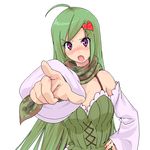  ahoge amami_amayu annoyed bare_shoulders blush detached_sleeves green_hair heart long_hair open_mouth pointing purple_eyes ragnarok_online ranger ranger_(ragnarok_online) simple_background solo white_background 