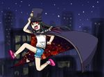  bad_source bangs black_hair blunt_bangs boogiepop boogiepop_(character) boogiepop_(character)_(cosplay) chain cloak cosplay crossover enma_ai hat hime_cut jigoku_shoujo long_hair red_eyes running shorts solo yin_yang 