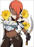  belt blue_eyes curvy dark_skin devil_may_cry earrings flower jewelry lucia_(devil_may_cry) meme50 midriff red_hair scarf solo sword weapon wide_hips 