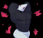 anthro avian bird black_body black_feathers bottomwear clothing darkner deltarune feathers flexing flexing_muscles hi_res male mask muscular muscular_anthro muscular_male pants pose skomnk solo swatchling torn_clothing undertale_(series) white_bottomwear white_clothing white_pants