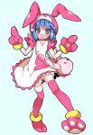  1girl :d animal_costume animal_hood blue_background blue_hair bunny_costume bunny_hood chino_machiko copyright_request dress full_body gloves hood hood_up looking_at_viewer open_mouth paw_gloves paws pink_legwear purple_eyes simple_background smile solo standing thighhighs white_dress 