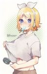  1girl aoi_choko_(aoichoco) blonde_hair blue_eyes blush brown_shorts electric_fan food hair_ribbon hairband highres kagamine_rin looking_at_viewer midriff mouth_hold popsicle ribbon shirt shorts solo stomach t-shirt vocaloid white_hairband white_ribbon white_shirt 