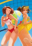  ball barefoot beach beachball bikini breasts brown_hair cleavage closed_eyes day grin highres huge_breasts kobayashi_yuuji multiple_girls original pointing red_eyes side-tie_bikini smile swimsuit tank_top tankini twintails volleyball_net 