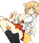  aburaage animal_ears bad_id bad_pixiv_id black_legwear breasts brown_hair food fox_ears fox_tail fujisawa_machi green_eyes huge_breasts inarizushi open_clothes open_shirt original shirt short_hair simple_background skirt sleeves_pushed_up socks solo sushi tail white_background 