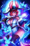  1girl animal_ears artist_name aurora_(league_of_legends) belt black_thighhighs blue_eyes blue_gloves body_freckles braid breasts commentary ear_piercing ears_through_headwear elbow_gloves english_commentary freckles glasses gloves glowing glowing_eyes hat highres holding holding_wand iahfy large_breasts league_of_legends lipstick_mark long_hair looking_at_viewer parted_lips patreon_username piercing rabbit_ears red_hair round_eyewear side_braid side_slit single_braid smile solo thighhighs twitter_username wand witch_hat 