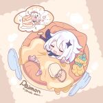  1girl bed blanket blanket_over_midsection brown_theme chibi chibi_only clenched_hand dreaming drooling food-themed_pillow from_above genshin_impact highres image_in_thought_bubble leg_up lying no_headwear on_back on_bed outstretched_arm paimon_(genshin_impact) pillow sleeping solo umeshiso under_covers unworn_headwear 