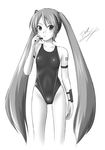  greyscale hatsune_miku long_hair monochrome one-piece_swimsuit solo swimsuit tk4 twintails very_long_hair vocaloid 
