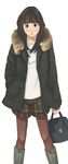  bag boots brown_eyes brown_hair coat hand_in_pocket legwear_under_shorts long_hair original pantyhose pantyhose_under_shorts shorts simple_background solo tamaru_tokihiko 