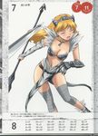  arm_warmers armor bandaged_leg bandages bare_shoulders blonde_hair blush breasts cleavage directional_arrow elina gauntlets highres hisayuki_hirokazu holding holding_weapon jewelry lance large_breasts long_hair navel neck_ring necklace number open_mouth polearm queen's_blade simple_background solo tiara weapon wince 