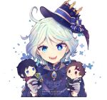  1girl ahoge aoi_choko_(aoichoco) blue_eyes blue_hair character_doll doll furina_(genshin_impact) genshin_impact hair_between_eyes hat heterochromia holding holding_doll jewelry kamado_tanjirou kimetsu_no_yaiba long_sleeves looking_at_viewer multicolored_hair open_mouth smile solo streaked_hair tomioka_giyuu top_hat white_hair 