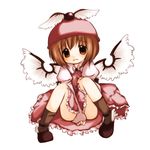  between_legs brown_legwear covering covering_crotch full_body futami_yayoi hand_between_legs head_tilt kneehighs looking_at_viewer marble mystia_lorelei shoes short_hair simple_background solo touhou white_background wings 