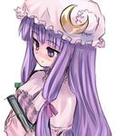  bangs book bow crescent from_side hair_bow hat homura_subaru long_hair lowres mob_cap patchouli_knowledge purple_eyes purple_hair solo touhou upper_body white_background 
