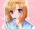  :p blonde_hair blue_eyes blush eyebrows_visible_through_hair finger_licking higurashi_no_naku_koro_ni kirishima_riona licking looking_at_viewer pink_background ryuuguu_rena sailor_collar school_uniform serafuku short_hair simple_background solo tongue tongue_out upper_body 