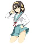  chan_co cropped_legs grin hand_on_hip kita_high_school_uniform long_sleeves school_uniform serafuku short_hair smile solo suzumiya_haruhi suzumiya_haruhi_no_yuuutsu thumbs_down yellow_eyes 