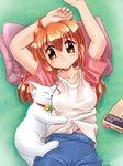  book breasts cat medium_breasts original pillow raglan_sleeves zan_nekotama 