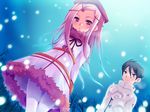  1girl anemone_(eureka_seven) beret blush dominic_sorel dress eureka_seven eureka_seven_(series) hat komi_zumiko long_hair pantyhose snowing 