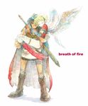  1girl angel_wings armor artist_request blonde_hair blue_eyes blue_hair boots breath_of_fire breath_of_fire_i couple elbow_gloves gloves green_eyes hairband hetero knee_boots nina_(breath_of_fire_i) ryuu_(breath_of_fire_i) short_hair sword thighhighs weapon white_wings wings 