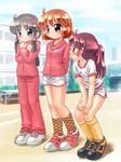  bandaid bandaid_on_neck glasses gym_uniform hairband multiple_girls original plaid plaid_legwear warmup_jacket zan_nekotama 