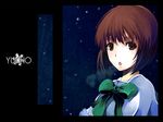  :o bow bowtie brown_eyes building expressionless green_bow green_neckwear hagiwara_yukiho idolmaster idolmaster_(classic) idolmaster_1 night night_sky open_mouth outdoors pillar pos shirt short_hair sky solo star_(sky) starry_sky white_shirt 