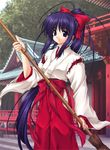  bamboo_broom blue_eyes broom day hair_ribbon hakama japanese_clothes long_hair miko original outdoors ponytail purple_hair red_hakama ribbon shrine solo very_long_hair wakou_tensui 