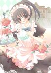 :d apron argyle argyle_background black_eyes black_hair bow bowtie building copyright_request cup dress flower hashimo_yuki looking_at_viewer maid maid_headdress open_mouth ponytail red_flower red_rose rose smile solo stairs teacup teapot tray 