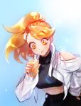  1girl ashi_(kdany1224) black_shirt commentary cookie_run crop_top day drinking drinking_straw hand_on_own_hip highres jacket juice juice_box leaning_forward long_hair long_sleeves looking_at_viewer orange_cookie orange_eyes orange_hair orange_juice outdoors shirt solo standing white_jacket 