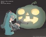  aqua_hair character_name halloween happy_halloween hatsune_miku jack-o'-lantern long_hair magamoto pumpkin thighhighs twintails very_long_hair vocaloid watermark web_address 