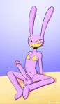 2024 anthro balls big_penis bikini bikini_top black_eyes bottomless bottomless_male clothed clothing erection fur genitals glitch_productions grin hi_res humanoid_genitalia humanoid_penis jax_(tadc) lagomorph lapinbeau long_penis male mammal navel penis purple_body purple_fur rabbit_ears signature simple_background sitting smile solo swimwear the_amazing_digital_circus two-piece_swimsuit yellow_sclera